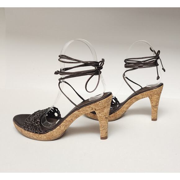 Antonio Melani Brown Macrame Woven Sandals Open Toe Ankle Wrap Cork Heel Sz 6.5 - Picture 4 of 11
